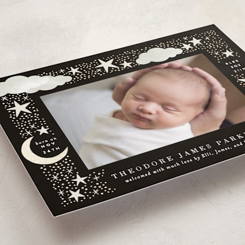 This is a noir foil stamped birth announcements with foil pressed by Alethea and Ruth called nighttime printing on smooth signature in standard