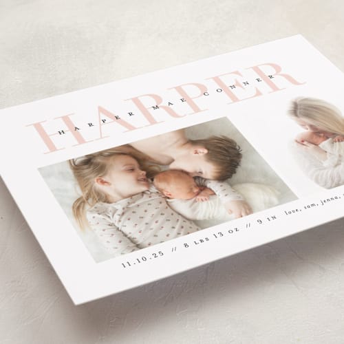 This is a blush birth announcements with standard by Lauren Chism called love-ly printing on recycled smooth signature in standard