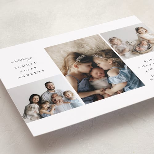 This is a noir birth announcements with standard by Emily Betts called three printing on smooth signature in standard