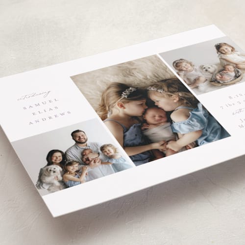 This is a lilac birth announcements with standard by Emily Betts called three printing on smooth signature in standard