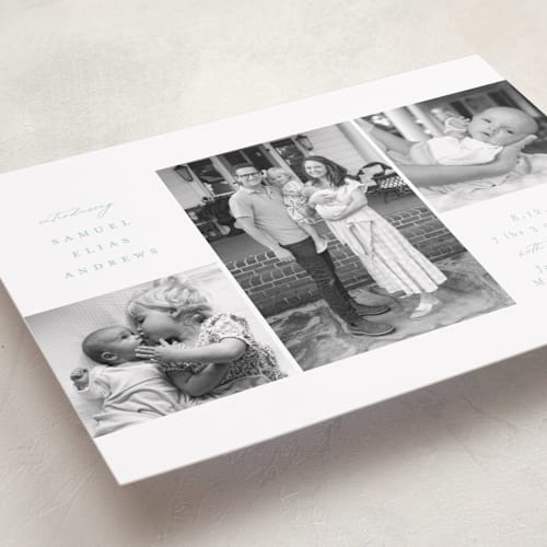This is a seafoam birth announcements with standard by Emily Betts called three printing on recycled smooth signature in standard
