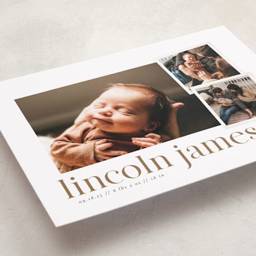 This is a linen birth announcements with standard by Robert and Stella called little snaps printing on smooth signature in standard