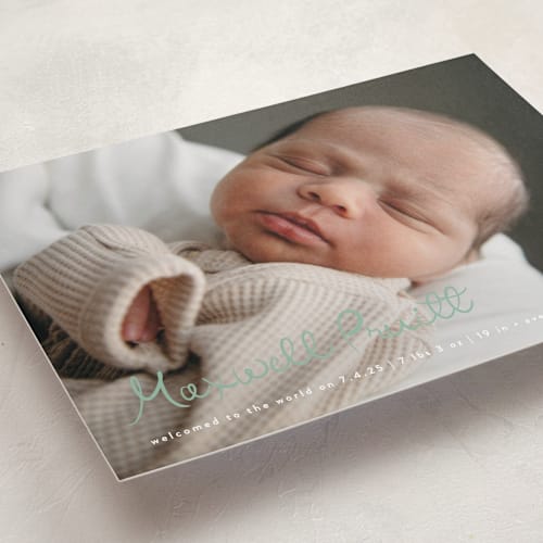 This is a sage birth announcements with standard by Lauren Chism called written whimsy printing on recycled smooth signature in standard