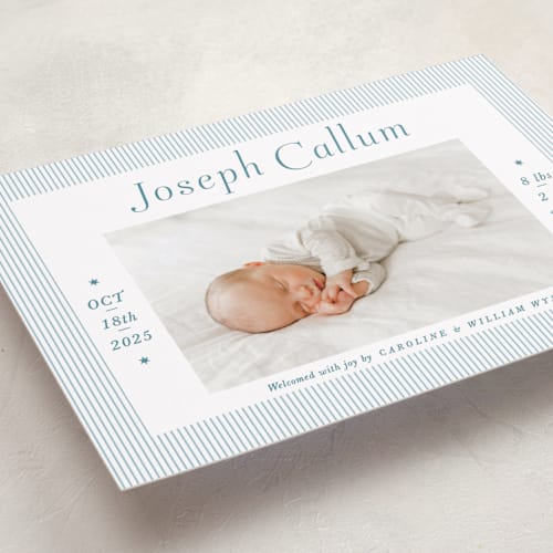 This is a baby blue birth announcements with standard by Alston Foster called sweet stripes printing on smooth signature in standard