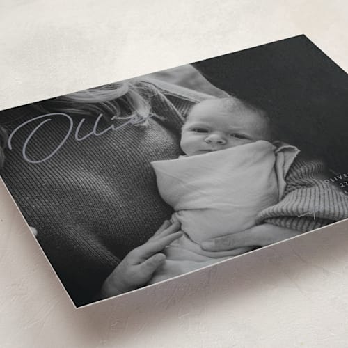 This is a cool grey birth announcements with standard by Brandy Folse called that's my name printing on smooth signature in standard