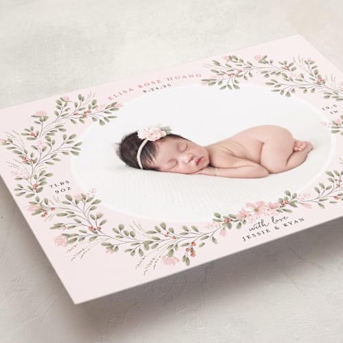 This is a blush birth announcements with standard by Susan Moyal called sweet floral vine printing on smooth signature in standard