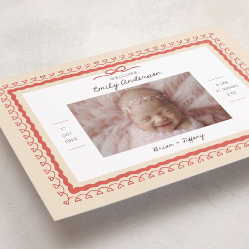 This is a latte birth announcements with standard by Kartika Paramita called vintage love bow printing on recycled smooth signature in standard