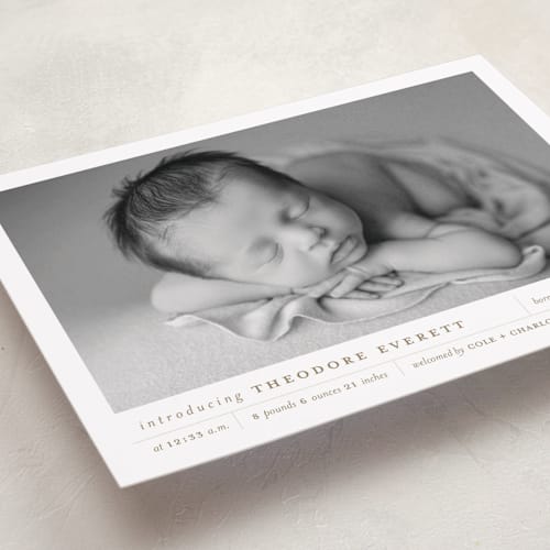 This is a sand birth announcements with standard by Alexandra Cohn called modern grid printing on smooth signature in standard