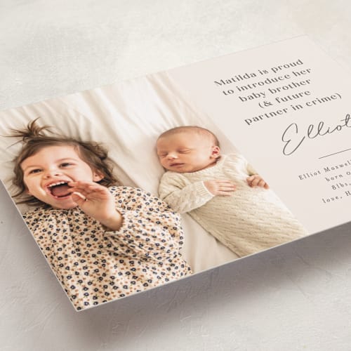 This is a bamboo birth announcements with standard by Corinne Malesic called siblings printing on smooth signature in standard