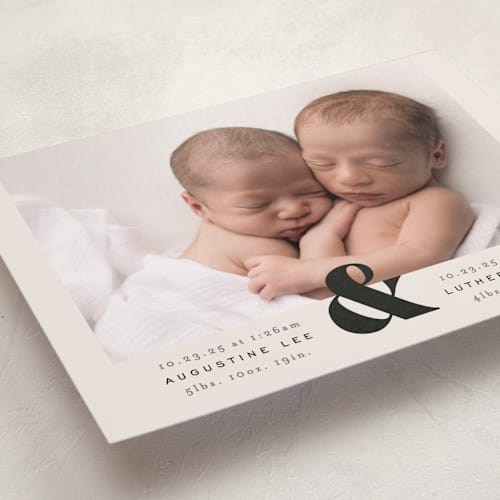 This is a ivory birth announcements with standard by Alethea and Ruth called ampersand duo printing on smooth signature in standard