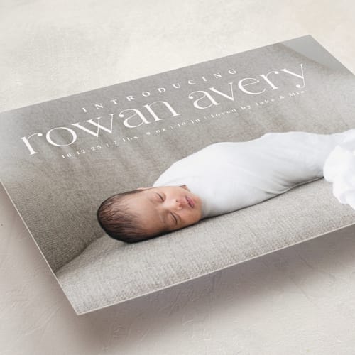This is a cotton birth announcements with standard by Olivia Raufman called exemplary printing on smooth signature in standard