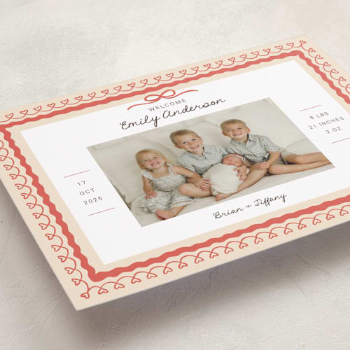 This is a latte birth announcements with standard by Kartika Paramita called vintage love bow printing on recycled smooth signature in standard