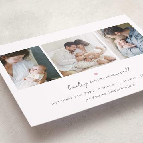 This is a petal birth announcements with standard by Sara Hicks Malone called teeny tiny love printing on recycled smooth signature in standard