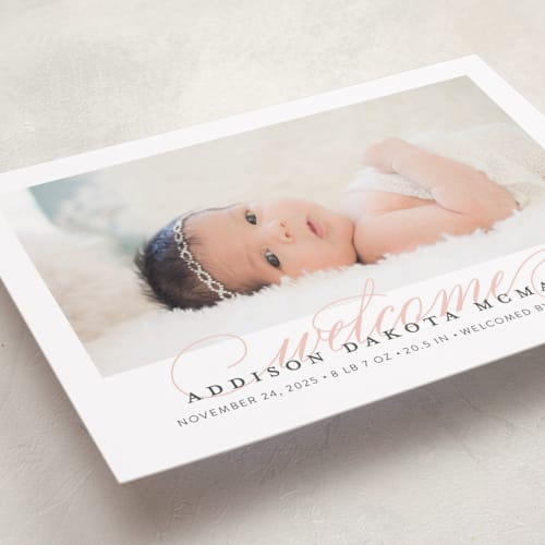 This is a flamingo birth announcements with standard by Jessica Williams called graceful entrance printing on smooth signature in standard