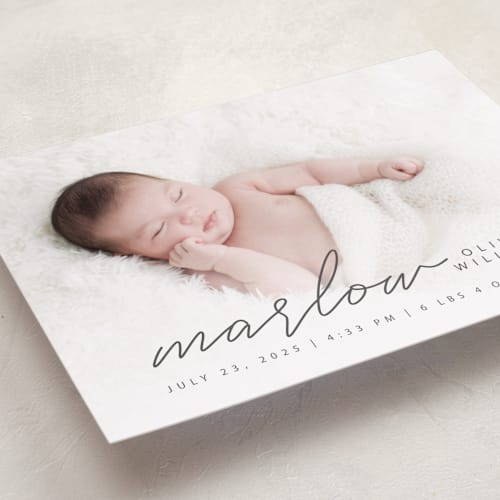 This is a graphite birth announcements with standard by Megan Cash called marlow printing on smooth signature in standard