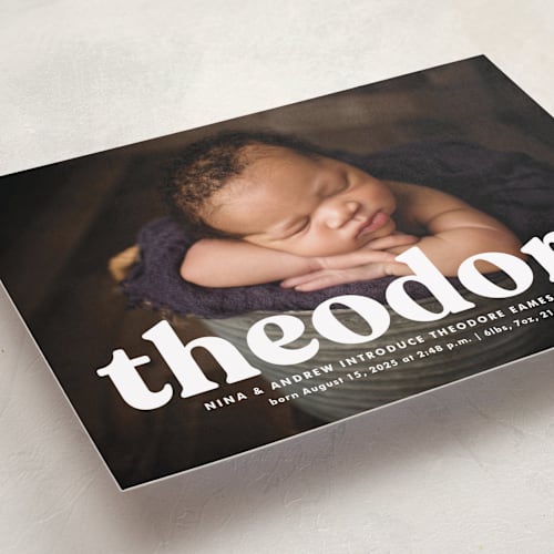 This is a ghost birth announcements with standard by Lea Delaveris called modern vintage printing on smooth signature in standard