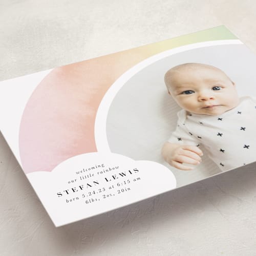 This is a rainbow birth announcements with standard by Lori Wemple called pretty rainbow printing on smooth signature in standard