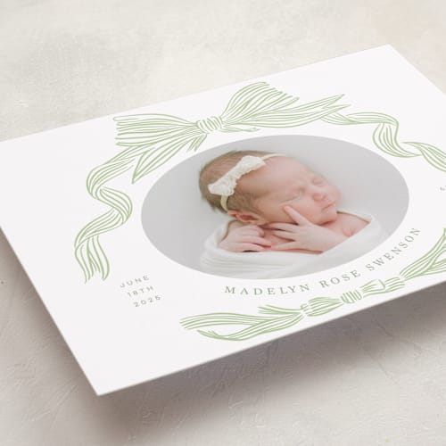 This is a mint birth announcements with standard by Stephanie Hawkes called ribbon bow frame printing on smooth signature in standard