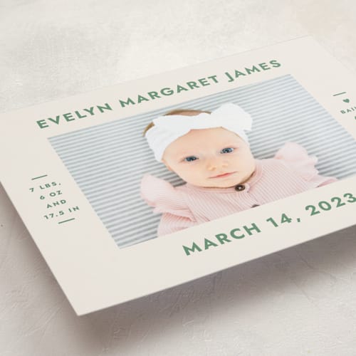 This is a clover birth announcements with standard by Megan Davis called present perfect printing on recycled smooth signature in standard