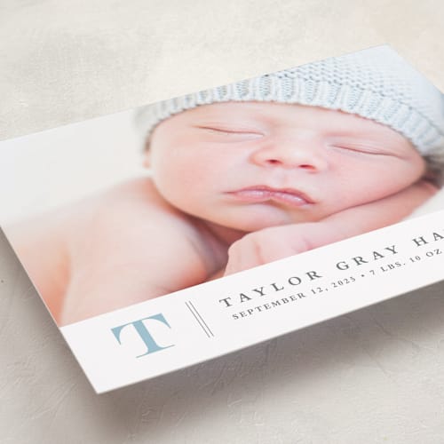 This is a powder birth announcements with standard by Stacey Meacham called stately monogram printing on smooth signature in standard