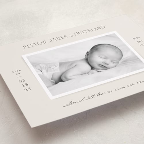 This is a cream birth announcements with standard by Hooray Creative called classical printing on smooth signature in standard