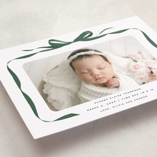 This is a evergreen birth announcements with standard by Olivia Kanaley Inman called bow printing on recycled smooth signature in standard