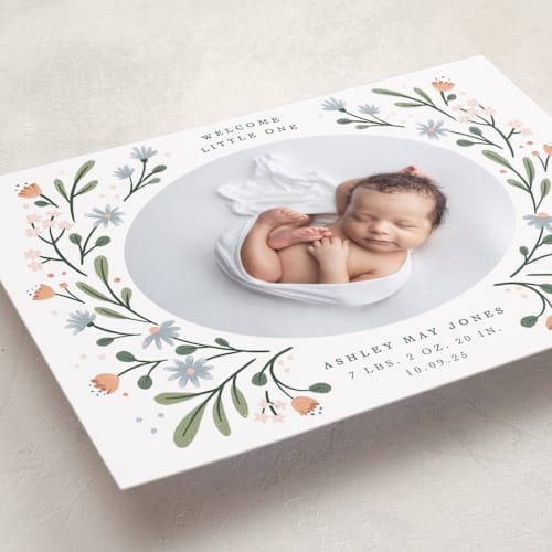 This is a peach birth announcements with standard by Alice Nelen called spring blooms printing on recycled smooth signature in standard
