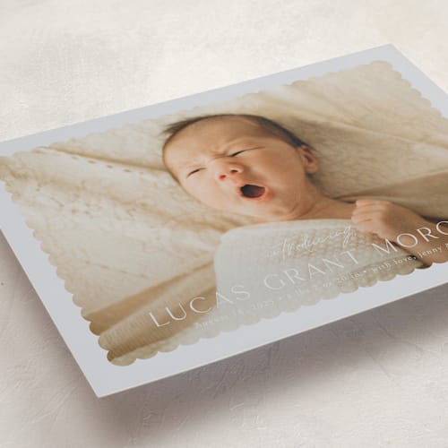This is a fog birth announcements with standard by Yaling Hou Suzuki called first glimpse printing on recycled smooth signature in standard