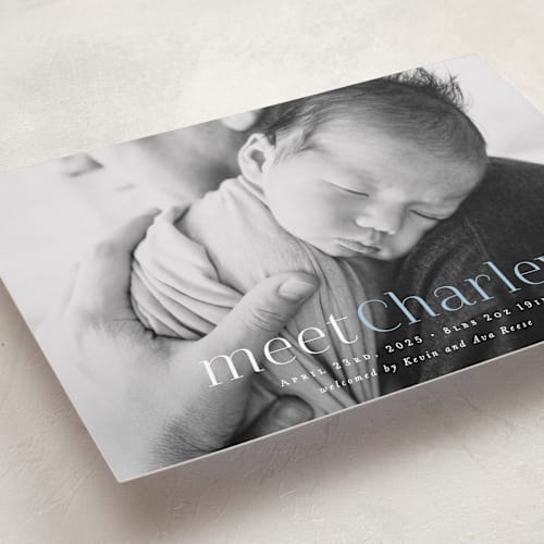 This is a sky blue birth announcements with standard by Hooray Creative called meet charley printing on smooth signature in standard