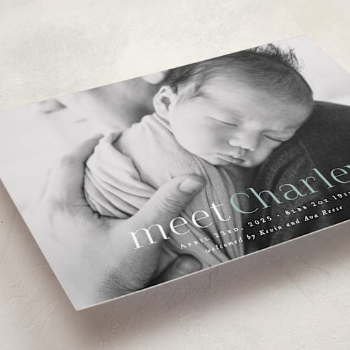 This is a seafoam birth announcements with standard by Hooray Creative called meet charley printing on recycled smooth signature in standard