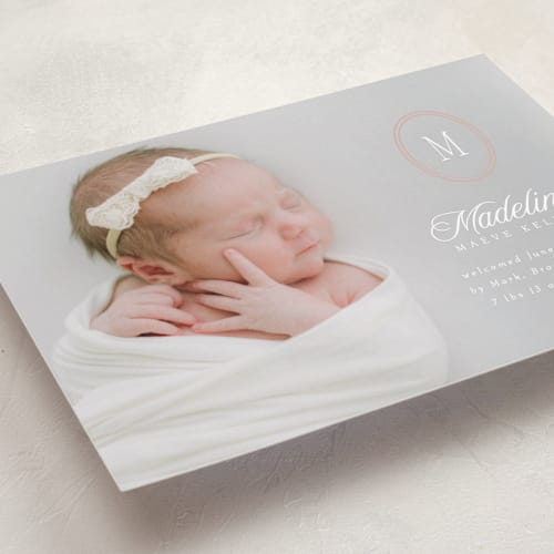This is a petal birth announcements with standard by Robert and Stella called cameo printing on smooth signature in standard
