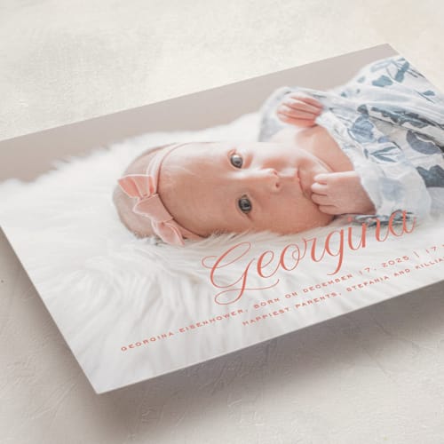 This is a coral birth announcements with standard by chocomocacino called cupcake printing on recycled smooth signature in standard