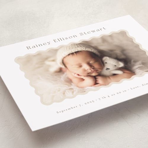This is a oatmeal birth announcements with standard by Jennifer Wick called applique printing on smooth signature in standard