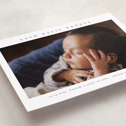 This is a cobalt birth announcements with standard by Stacey Meacham called simple name printing on smooth signature in standard