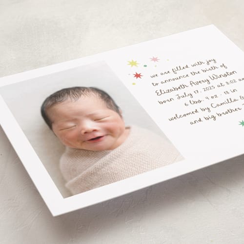 This is a strawberry birth announcements with standard by Megan Davis called constellation printing on smooth signature in standard