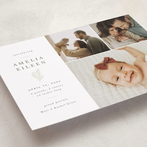 This is a sage birth announcements with standard by Sarah Brown called tiny sprig printing on smooth signature in standard
