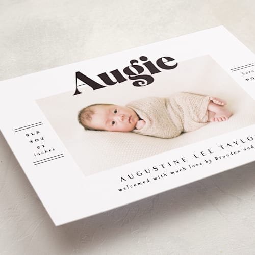 This is a ash birth announcements with standard by Alethea and Ruth called bold name frame printing on smooth signature in standard