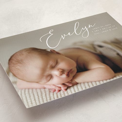 This is a sage birth announcements with standard by Ashley Rosenbaum called signature printing on smooth signature in standard