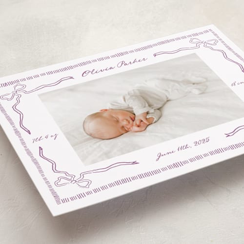 This is a lilac birth announcements with standard by Jelena Vuletic called arabella printing on smooth signature in standard