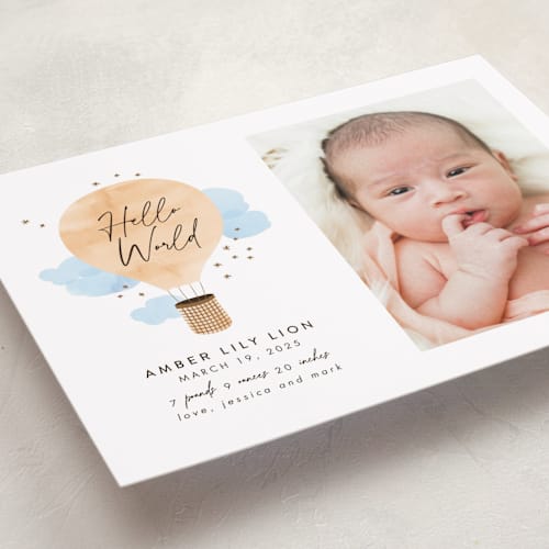 This is a sunshine birth announcements with standard by Kanika Mathur called baby world printing on recycled smooth signature in standard
