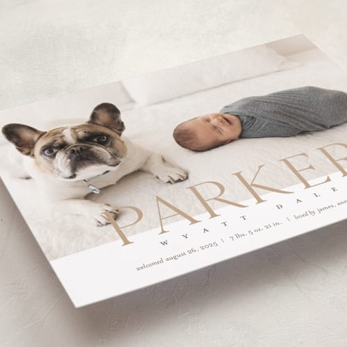 This is a toffee birth announcements with standard by Eric Clegg called modern classic printing on smooth signature in standard