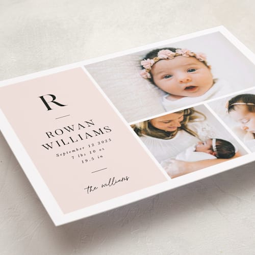 This is a blush birth announcements with standard by Robert and Stella called monogram block printing on smooth signature in standard