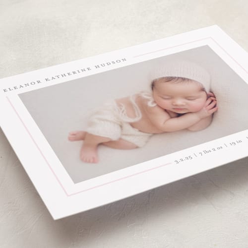 This is a blush birth announcements with standard by Lauren Chism called simply serene printing on smooth signature in standard