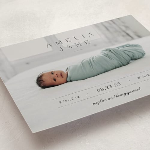 This is a fog birth announcements with standard by Sara Hicks Malone called vintage printing on smooth signature in standard