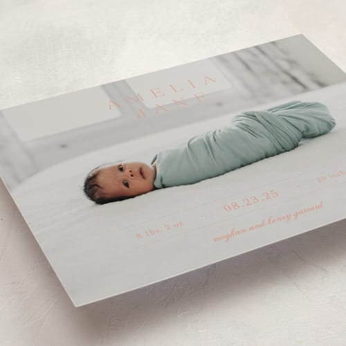 This is a coral birth announcements with standard by Sara Hicks Malone called vintage printing on recycled smooth signature in standard