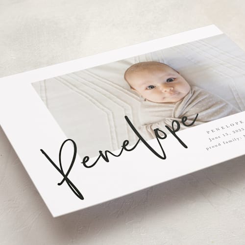 This is a blackboard birth announcements with standard by Amy Payne called clean lines printing on smooth signature in standard