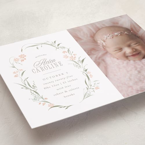 This is a sweet pea birth announcements with standard by Erin L. Wilson called dottie printing on smooth signature in standard