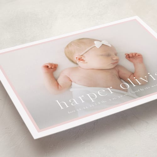 This is a rose birth announcements with standard by Alexandra Cohn called portraiture printing on smooth signature in standard