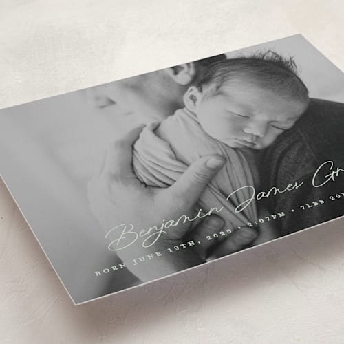 This is a sage birth announcements with standard by Bethan called handwriting printing on recycled smooth signature in standard