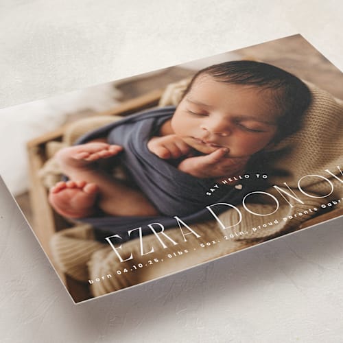 This is a caramel birth announcements with standard by Corinne Malesic called little heart printing on smooth signature in standard